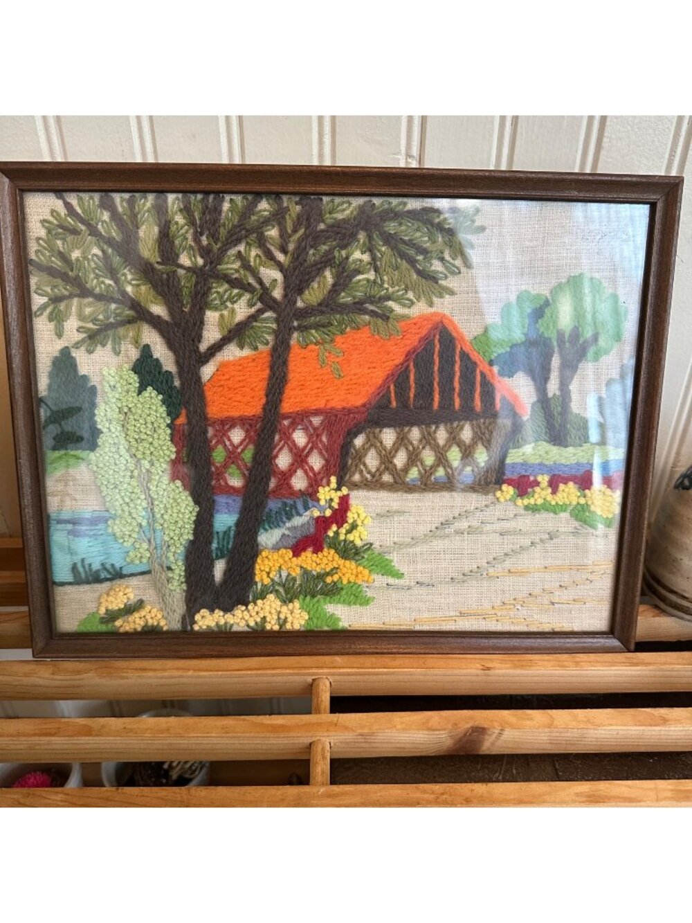 Vintage 80s Art work needlecraft fall covered bridge nature scene brown orange